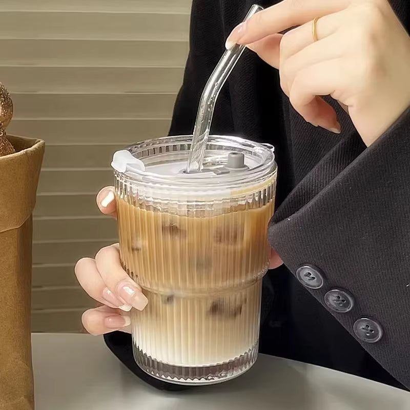 600Ml Stripe Glass Cup with Lid and Straw Transparent Drinking Glasses for Juice Water and Iced Coffee Cups Mug Drinkware