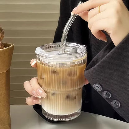 600Ml Stripe Glass Cup with Lid and Straw Transparent Drinking Glasses for Juice Water and Iced Coffee Cups Mug Drinkware
